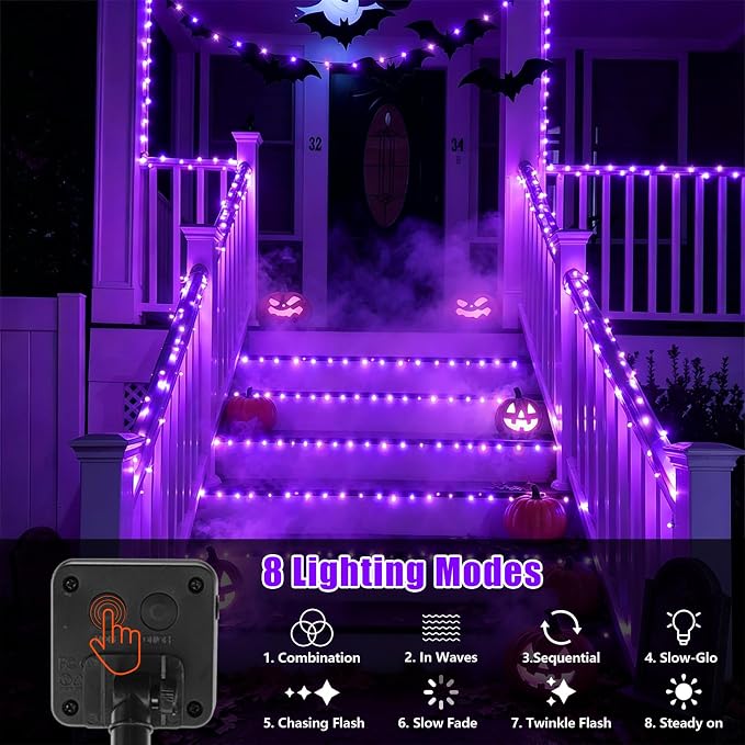 YEGUO 4 Pack Halloween Solar Fairy Lights, Each 33ft 100 LED Purple Christmas Lights Outdoor Waterproof, 8 Modes Sliver Wire Solar String Lights
