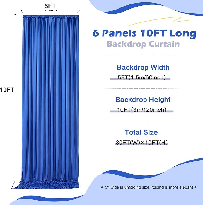 30ft×10ft Wrinkle Free Royal Blue Backdrop Curtain for Parties, 6 Panels 5×10ft Soft Silky Polyester Blue Photo Backdrop Drapes for Boss Baby Birthday Party Wedding Photography Background
