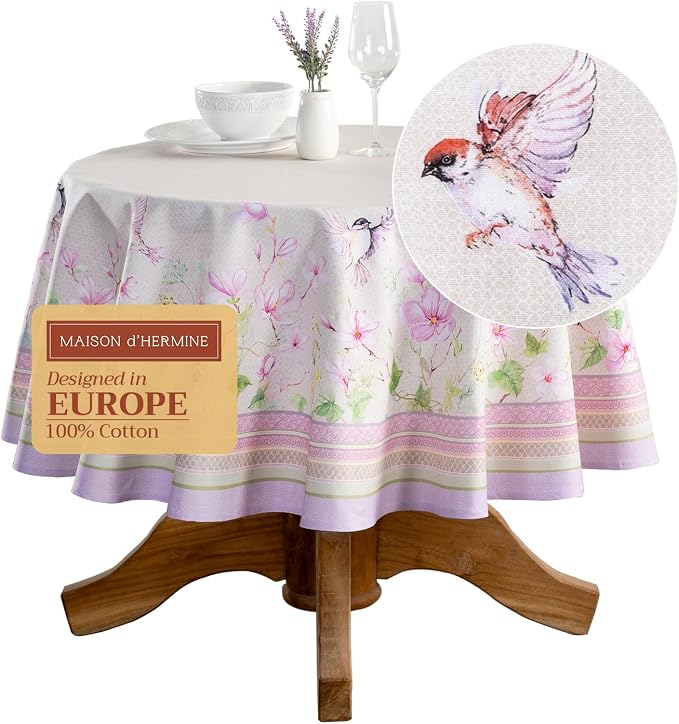 Maison d' Hermine Table Cloth Round Table 100% Cotton 69 Round Inches Tablecloth Reusable Decorative for Dining Kitchen Room Farmhouse Party Home Hotel Restaurant Spring Summer - Magnolia Mornings