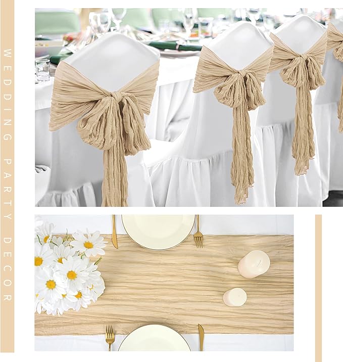 24 Pack Cheesecloth Table Runner 20 x 120 inch Cheese Cloth Table Runner Bulk,Romantic Boho Sheer Gauze Fabric Table Runners for Wedding Reception,Party,Bridal Shower Table Decor(Beige)