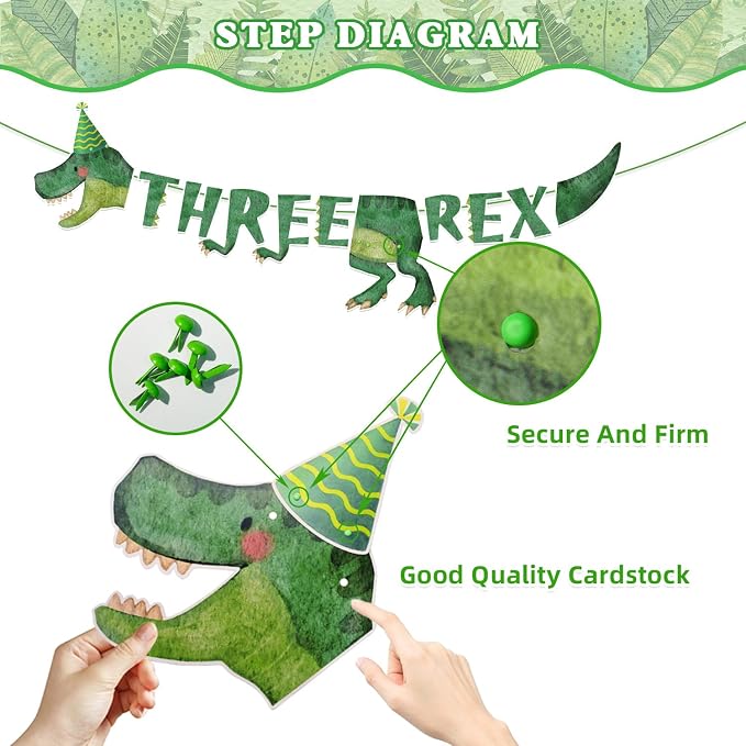 3rd Birthday Dinosaur Decorations Set - 197 Pcs Serves 24, 3-Rex Theme Kit with Tablecloth, Banner, Balloons Tableware & Cake Toppers