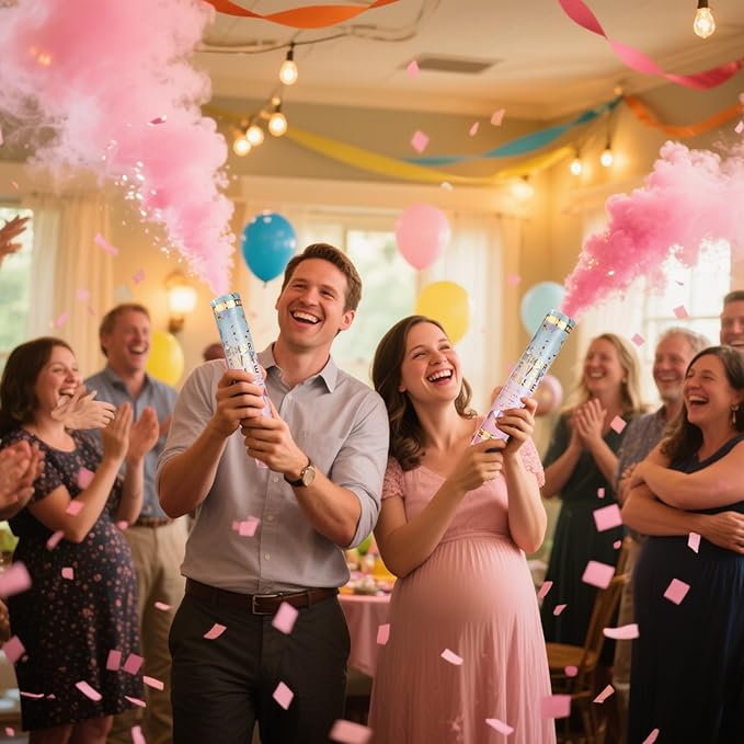 Previvo Gender Reveal Confetti Powder Cannon - 4 Pack Pink Baby Gender Reveal Poppers - 100% Biodegradable Powder Smoke - Baby Party Supplies