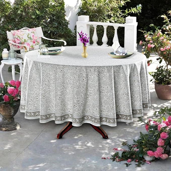 Ridhi Round Tablecloth Hand Block Print 100% Cotton Reusable Taupe Jal 60 Inch Table Cover Decorative Everyday Use for Dining, Home, Party, Wedding, Farmhouse, Party Gift for Spring, Mother's Day