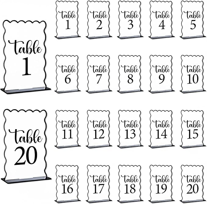 Black and White Wave Acrylic Table Number 1-20 with 20Pcs Stands, 5"x7" Table Centerpiece Decor for Indoor Outdoor Birthday Baby Shower Wedding Bridal Shower Anniversary Party Reception