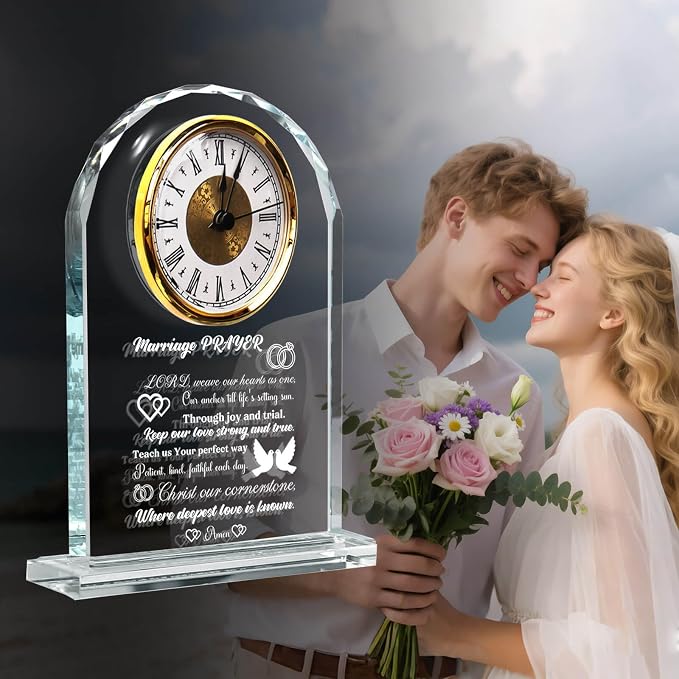 Wedding Gifts for Couples 2026 - Elegant Crystal Clock with Inspiring Quote, Marriage Prayer Keepsake for Anniversary - Unique Gifts for Bride and Groom, Newlywed Mr and Mrs