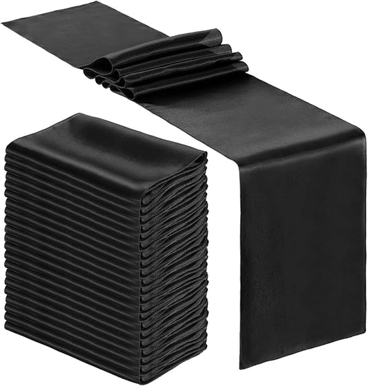 Bencailor 12 Pcs Black Satin Table Runner Bulk 12 x 108 Inches Long Table Runners Bright Smooth Fabric Tablecloth for Wedding Banquet Birthday Spring Graduation Party Decorations
