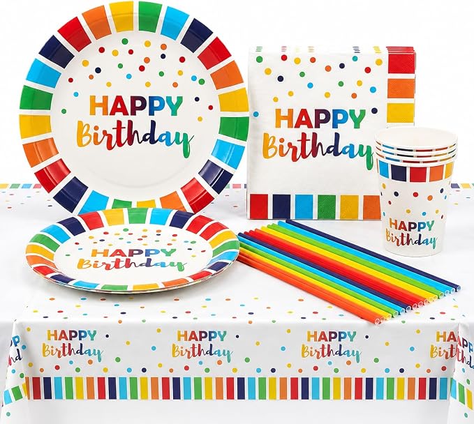 489 Pc Rainbow & Colorful Birthday Party Decorations Kit 25 Guests | Rainbow balloon arch, banner, tableware, cake toppers & sash; reusable, indoor/outdoor party kit for boys & girls, serves 25