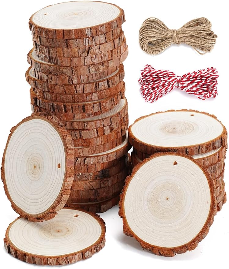 wohohoho 32pcs 3.2-3.6 inches Natural Wood Slices, Unfinished Craft Wood Kit Predrilled with Hole Thickened Wooden Circles with Bark for DIY Ornaments Christmas Wedding Decorations Wood Coasters Tags
