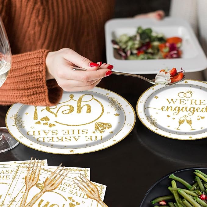 Happy Engagement Party Tableware Set 96 Pcs Engagement Disposable Plates Napkins Forks She Said Yes Wedding Bridal Shower Decorations Serve 24 Guests