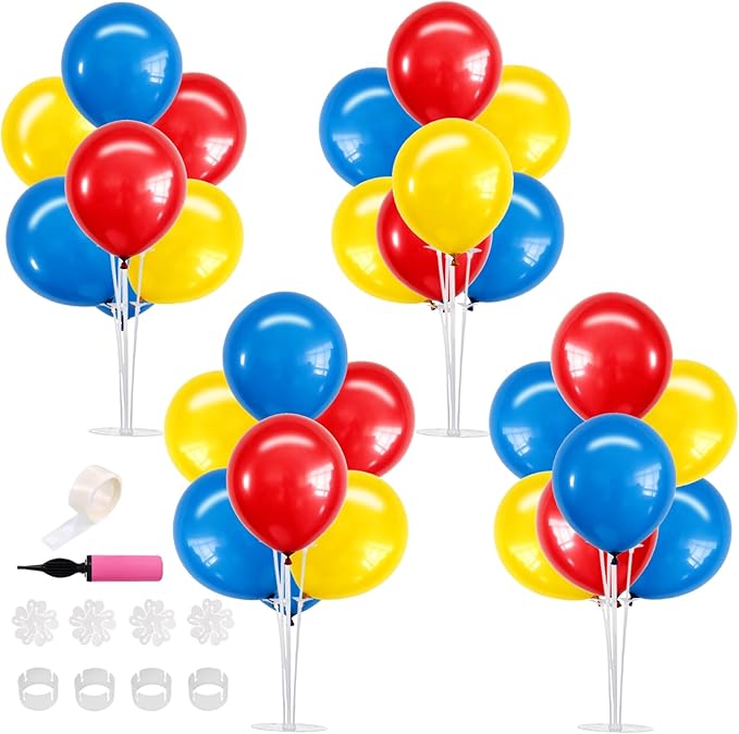 TONIFUL 4 Set Red Yellow Blue Balloon Centerpieces for Table,Balloon Stand Kit for Kid Party Decor,Birthday Decorations Anniversary Graduation Decorations 2026 Baby's Birthday