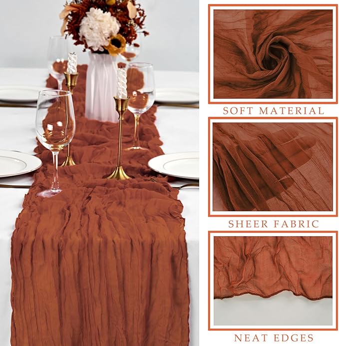12 Pcs Cheesecloth Table Runner 10FT Terracotta Runner for Tables Gauze Fabric 35 x 120 Inches Long Boho Table Runner Decor Rustic Sheer Runner for Wedding Birthday Bridal Shower Party (Terracotta)