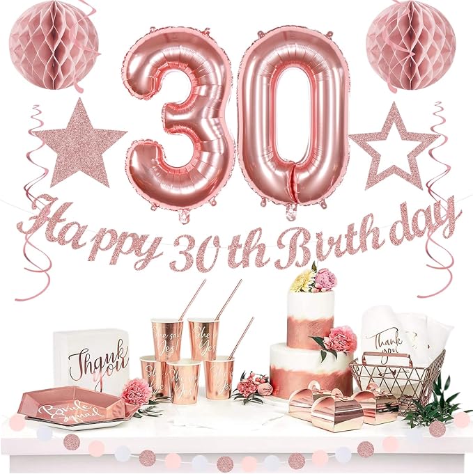 Rose-Gold Pink White Women 30th Happy Birthday Party Decorations Hugmoon | 21pcs Kit 30th Balloon,Cute Girl Banner,Streamers,Tissue Paper Pom Poms Flowers Fans,Birthday Garlands Decor Backdrop