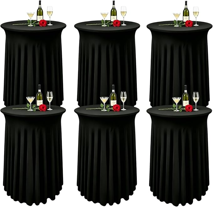 6 Pack Round Spandex Cocktail Table Tablecloth with Skirts, 32 x 43 Inch Black Spandex High Top Cocktail Table Covers, Stretch Fitted Round Cocktail Tablecloths for High Top Bar Party Wedding Banquet