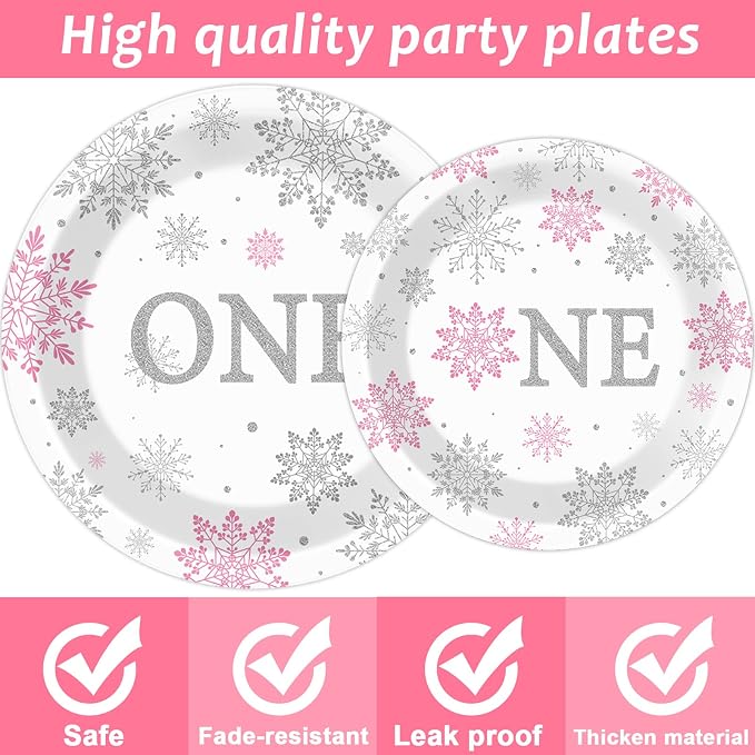 Winter Onederland 1st Birthday Themed Tableware - Snowflake One Plates, Napkins for Baby Girls First Birthday - Disposable Paper Party Decorations Supplies Favors for 24 Guests