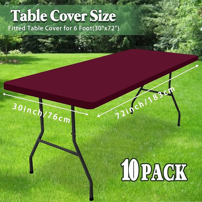 6 Foot Picnic Table Cover Fitted 10 Pack Elastic Tablecloth for Rectangle Tables Waterproof Stretch Washable Folding Indoor Outdoor Spandex Table Cloth for Parties Banquet Camping (Wine Red,30" x 72")