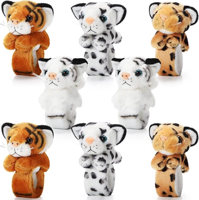 Lenwen 8 Pcs Stuffed Tiger Leopard Animals Slap Bracelets for Kids 8.66 Inch Back to School Plush Animal Bracelets Adopt a Tiger Cheetah Party Favors Wrist Slap Snap Band Toy for Boys Girls Birthday