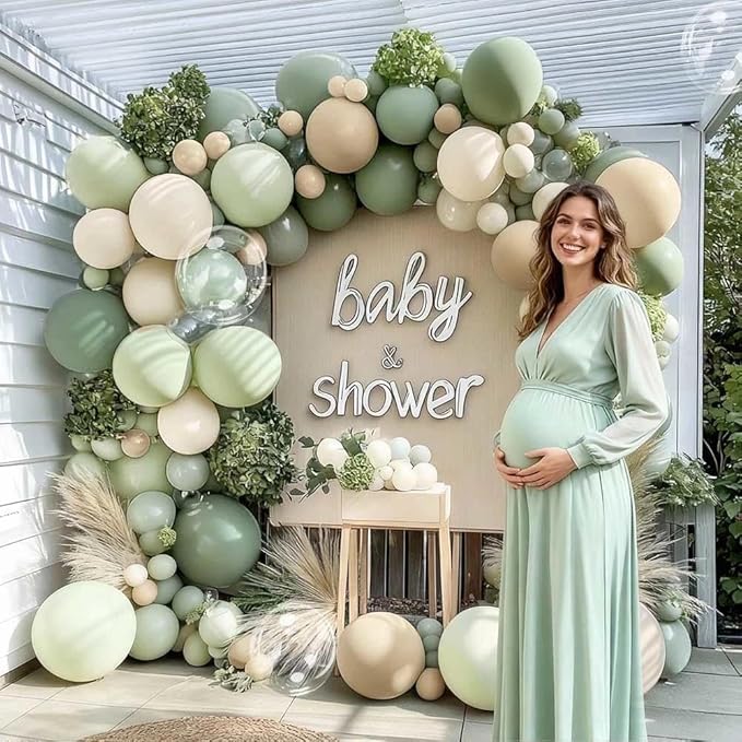 Dusty Green White Balloon Arch Kit Double Stuffed, Sage Mint Green Sand Ivory Boho Balloon Garland with Clear Bobo Latex for Neutral Baby Shower Bridal Wedding Birthday Woodland Party Decoration