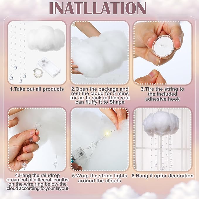 Marsui Artificial Cloud Props LED Hanging Cloud Light String Fake Imitation 3D Cotton Classroom School Decor Raindrop for Room Ceiling Baby Shower Party Wedding Nursery Classroom Wall DIY Decor(6 Pcs)
