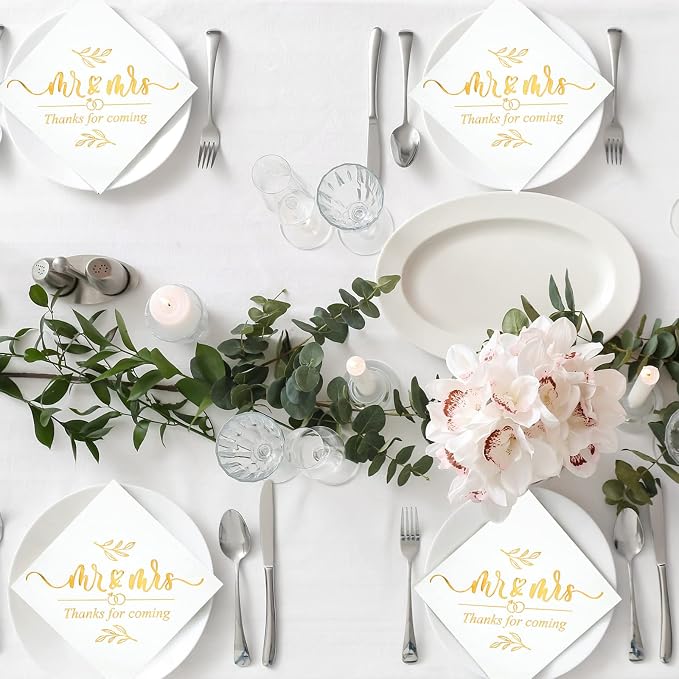 200 Pcs Wedding Napkins for Reception Disposable Bridal Shower Napkins Gold Foil Wedding Decorations Mr and Mrs Napkins for Engagement Party Decoration Cocktail Beverage Dessert (Simple Styles)