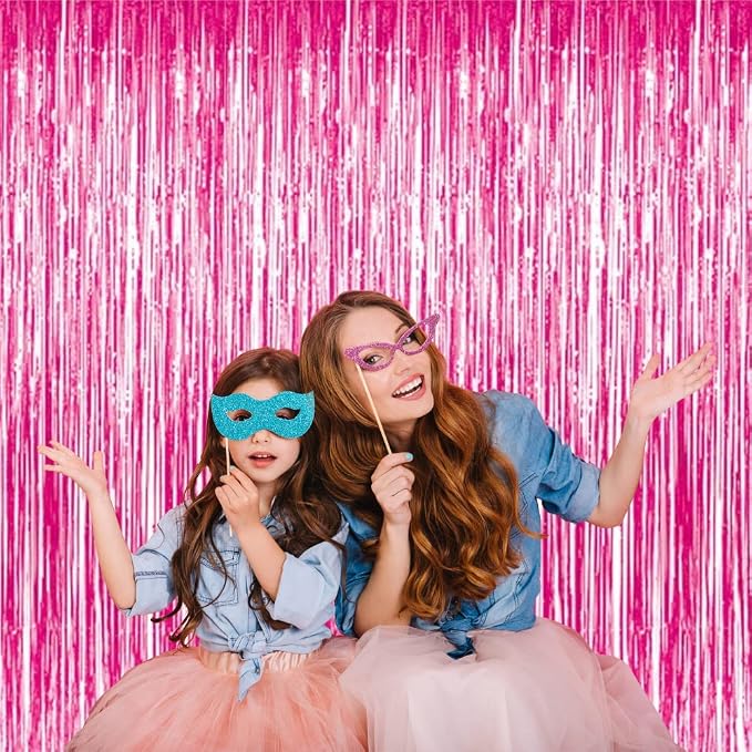 GOER 3.2 ft x 9.85 ft Metallic Tinsel Foil Fringe Curtains Party Photo Backdrop Party Streamers for Galentines Day,Birthday,Graduation,New Year Eve Decorations Wedding Decor (3 Pcs, Hot Pink)