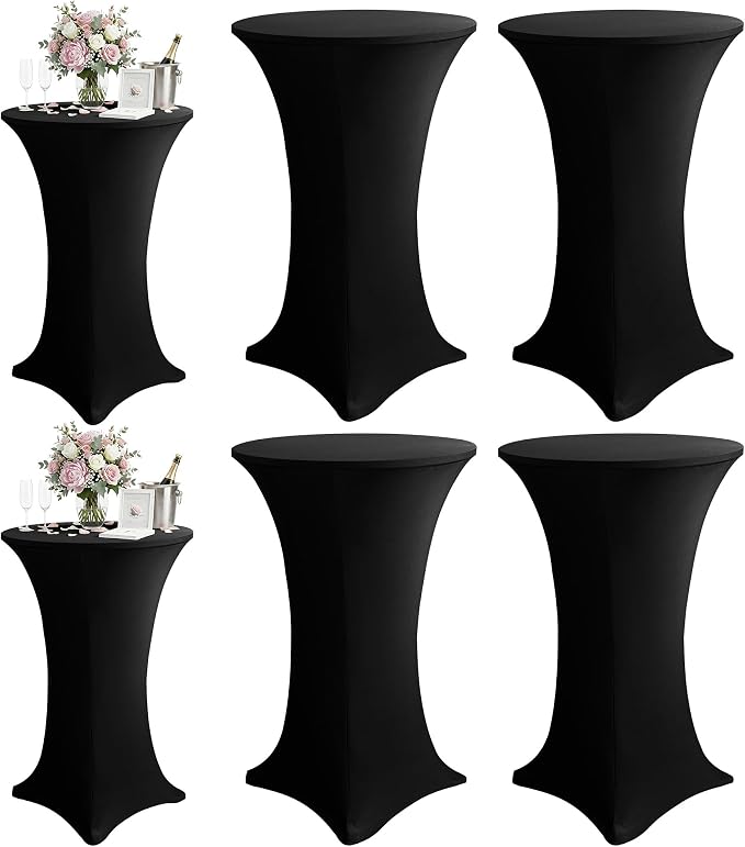 KeyWave Cocktail High Top Table Covers - 32x43 Inch Fitted Spandex Round Cocktail Tablecloth for Bar Height Standing Table Cloths Reusable, for Party Wedding Banquet Event Decorations, Black, 6 Pack