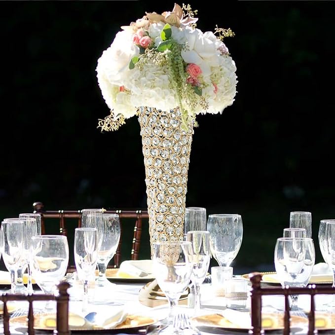 2-Pack 18.5" Tall Gold Vases, Engraved Crystal Trumpet Vase, Gorgeous Centerpiece Flower Stand | Artificial Flower Arrangement for Weddings, Anniversaries | Home & Party Decor Display