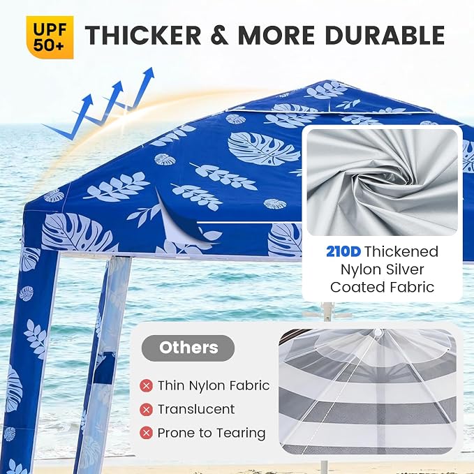 Zeraty Beach Cabana 8'×8', Portable Beach Canopy with Side Wall, UPF 50+ Silver-Coated Beach Tent Sun Shelter Easy Pop Up, Wind Resistant Adjustable Height Beach Umbrella Tent for Family, Coastal