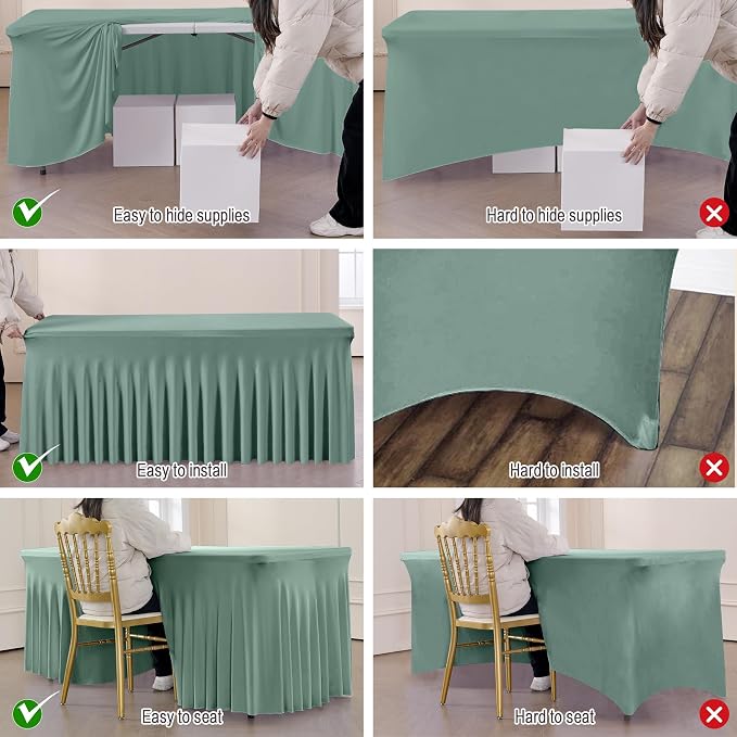 4 Pack Sage Green Spandex Fitted Tablecloths for 6 Foot Rectangle Tables, Sage Green Stretch Table Cloth with Table Skirt, Wrinkle Free Spandex Table Covers 6ft for Parties, Weddings, Trade Shows