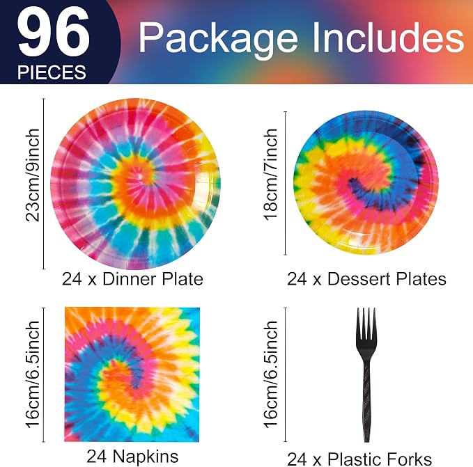 24 Guests Tie Dye Party Plates Napkins Tie Dye Birthday Party Decorations Supplies for Girls Tie Dye Birthday Paper Plates Napkins Forks Tableware Set (96 Pieces)