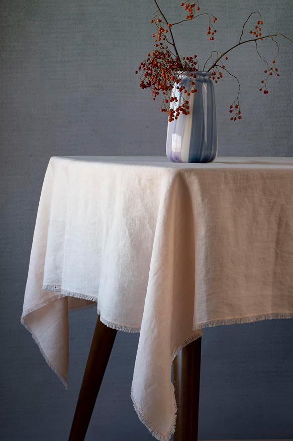 100% Pure Linen Tablecloths for Rectangle Tables with Fringe, 55x55 Inch Pink Linen Table Cloth for Wedding, Party, Easter,Thanksgiving, Machine Washable