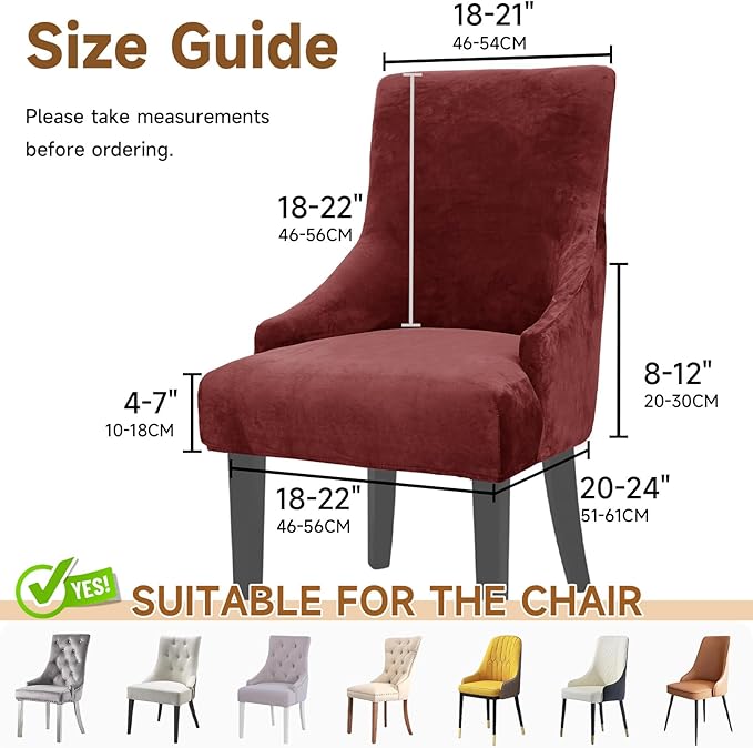 Velvet Wingback Dining Chair Cover Soft Stretch Accent Chair Cover Slipcover Thick Plush Wing Back Chairs Covers Furniture Protect Washable Chairs Protector Covers for Dining Room (Wine, 2)