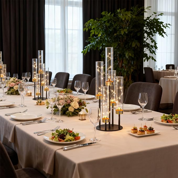 2 PCS 5-Arm Black+Gold Metal Table Candelabra Centerpiece, 22" Tall Clear Acrylic Candlesticks Holder with Shade for Valentines Day Events Party Table Centerpiece,Fit LED Candles