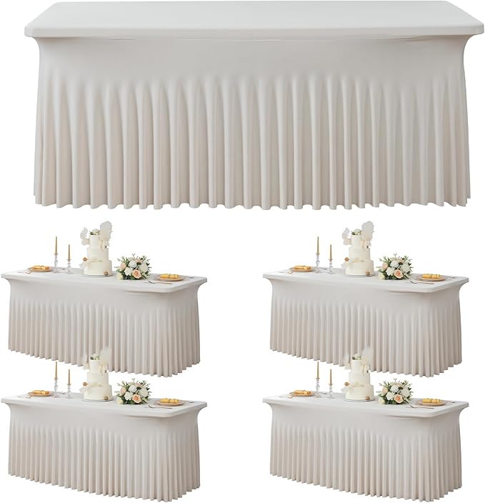 4 Pack Beige Spandex Tablecloths for 6 Foot Rectangle Tables, Wrinkle Free Stretchy Table Cloths 6ft Fitted Table Cover DeskSkirt for Weddings Birthday Party Banquet Baby Shower