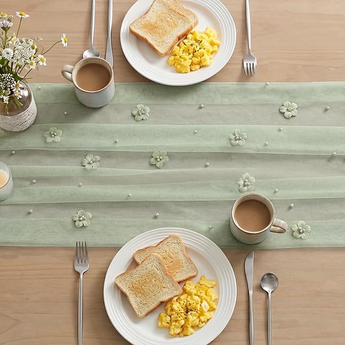 Artoid Mode Sage Green Flower Pearl Green Gauze Table Runner 10FT, Seasonal Sheer Dining Holiday Wedding Birthday Baby Shower Table Decor for Home Party