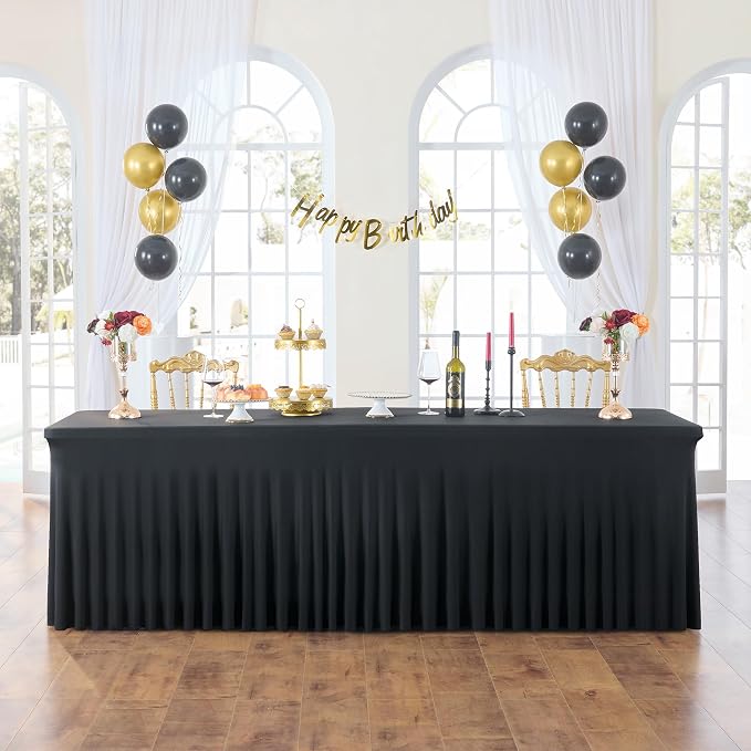 2 Pack Black Fitted Spandex Table Cloth Rectangle 8ft, Wrinkle Free High-Stretch Skirted Tablecloths for 8 Foot Rectangle Tables, Decor Parties Weddings Birthday Banquet Spandex Table Cloths Cover