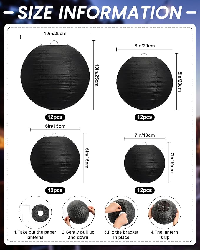 Treela 48 Pcs Paper Lanterns Party Decorations Chinese Round Paper Decor 4/6/8/10 Inch Asian Hanging Lamps Decorative for Birthday Party Wedding Bridal New Year Supplies(Black)