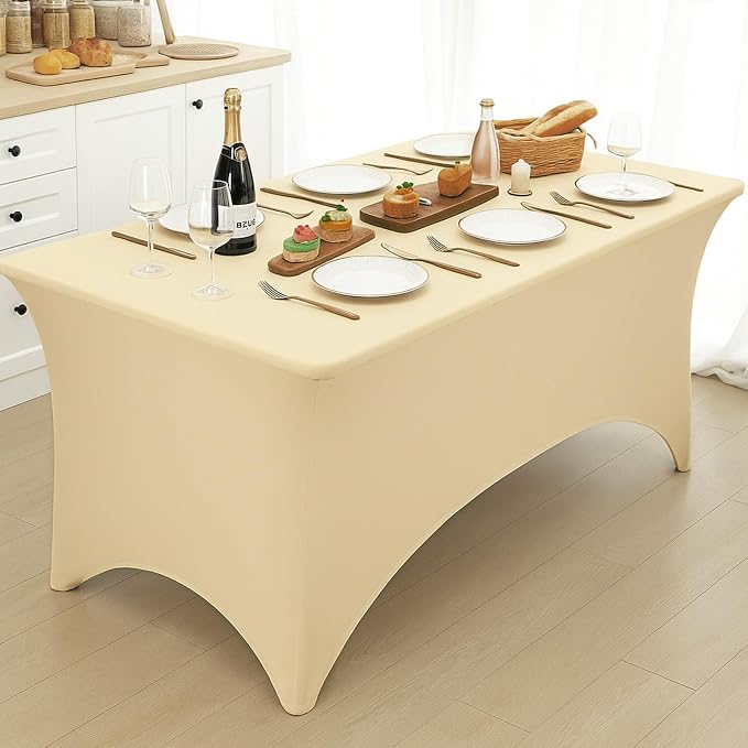 Fixwal 3 Pack Champagne Tablecloth Rectangle 6Ft, Stretch Spandex Fitted Table Cover for Party, Trade Show, Wedding, Buffet, Graduation, Vendor Stand