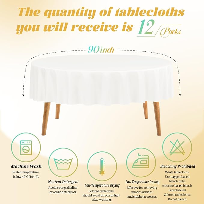 Teruntrue 12 Packs Ivory Round Tablecloths 90 inch Round Table Cloth, Washable Polyester Fabric for Wedding Parties Banquet Holiday Dinner Table Decorative, Ivory