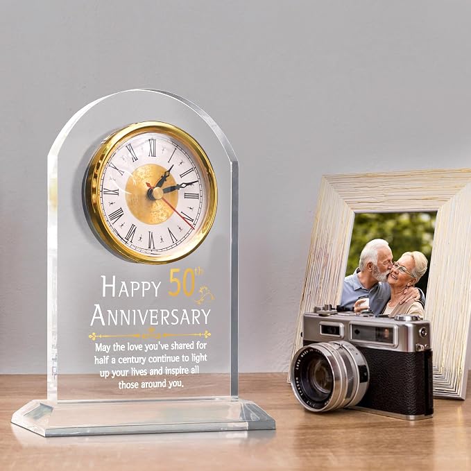 OkiyiD 50th Anniversary Wedding Gift, Anniversary Quartz Clock, Desk Table Clock, 50 Years of Marriage, Golden Wedding for Couple, Parents, Grandparents (50th Anniversary)
