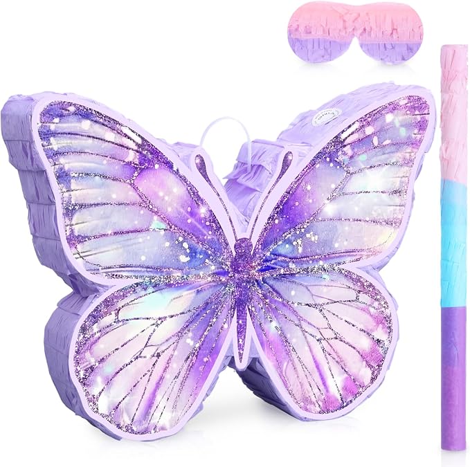 VioraWhite Butterfly Piñata for Birthday Party Supplies Purple Butterfly Piñata Decorations with Pink Purple Stick and Blindfold for Birthday Party Decorations Game Supplies