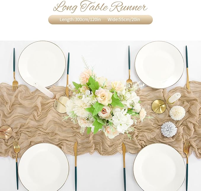 20 Pack Beige Cheesecloth Table Runner 120 Inch 10FT Rustic Boho Gauze Cheese Cloth Table Runner for Wedding Party Baby Shower Thanksgiving Christmas Decoration