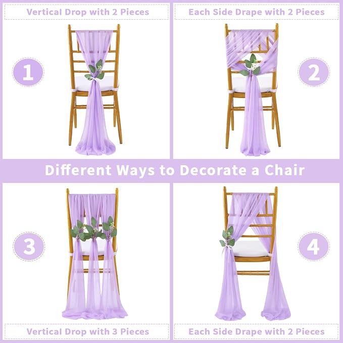 QueenDream Light Purple Chair Sashes 24 Pieces Sheer Chairs with Artificial Eucalyptus Designed Decorative Soft Chair Covers for Wedding Aisle Chairs Decoration