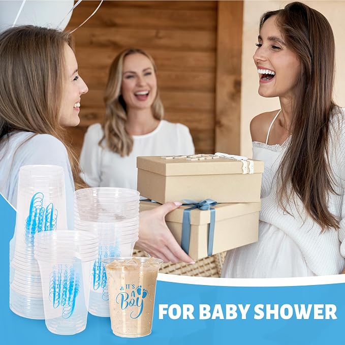 Whaline 50 Pcs Baby Shower Plastic Cups 16oz It's A Boy Clear Drinking Cup Blue Boy Gender Reveal Disposable Cups for Birthday Party Table Decoration Supplies