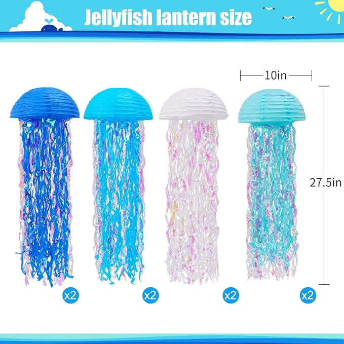 Mermaid Party Decorations, Jellyfish Paper Lanterns Blue White Hanging Lantern for Mermaid Birthday Party Baby Shower Under The Sea Ocean Blue Birthday Decorations Pack of 8