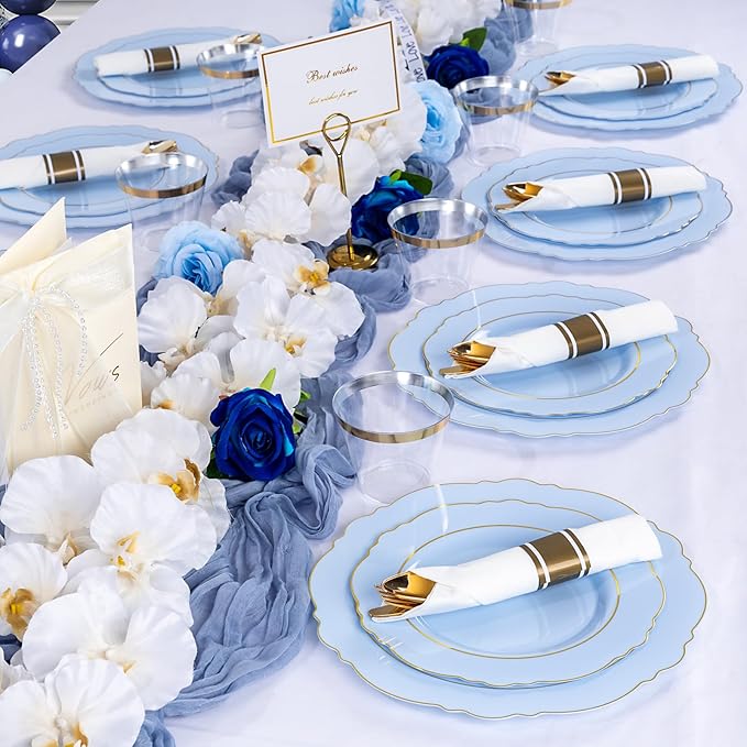 Liacere 175PCS Bule Plastic Plates - Disposable Ligh Bule and Gold Plates - Baroque Plastic Dinnerware 50Plates, 25Pack Pre Rolled Napkins with Silverware 25Cups for Baby Shower Party & Wedding