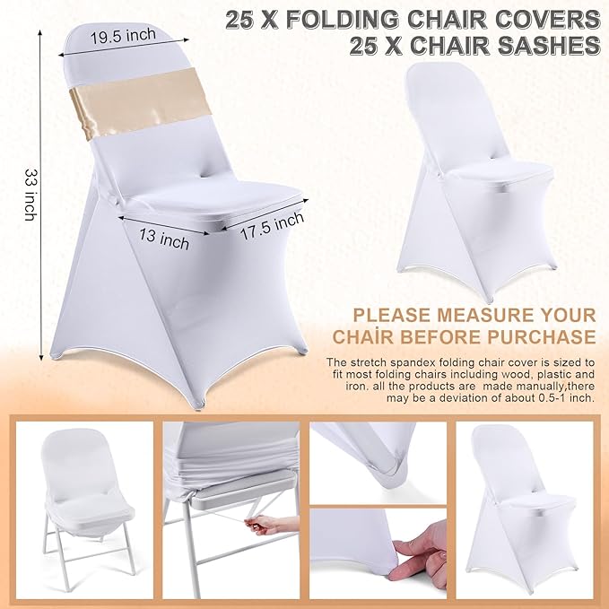 Lounsweer 50 Pcs Folding Chair Cover Set with 25 Stretch Spandex Slipcovers 25 Satin Chair Sashes Bows Ribbon Washable Banquet Protector for Wedding Event Party(White, Light Champagne)