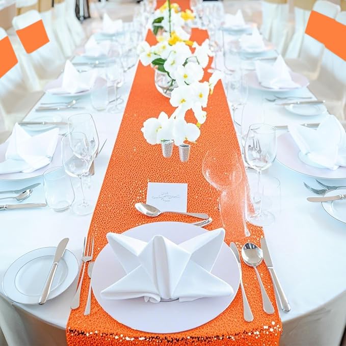 Newwiee Sequin Chair Sashes and Table Runners, Sequin Chair Bows, Glitter Table Runners for Birthday Party Wedding Banquet Holiday Decorations (Orange,54 Pcs)