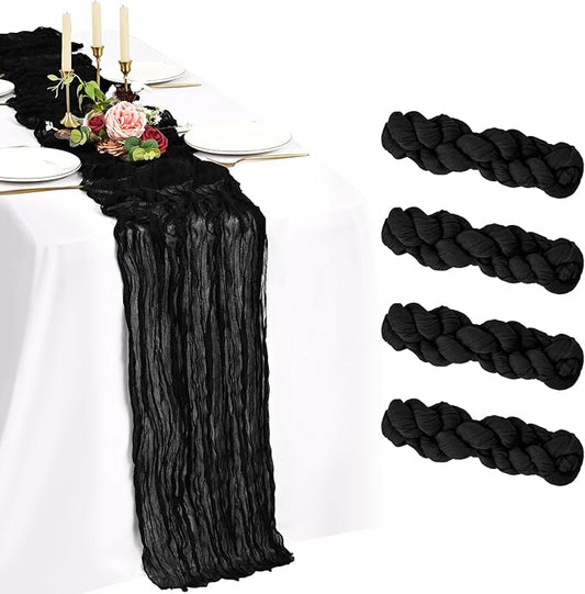 4 Pack Cheesecloth Table Runner 10FT Black Table Runner Boho Gauze Cheese Cloth Table Runners Long Rustic Sheer Table Decorations for Wedding Party Baby Bridal Shower Birthday Holiday Home