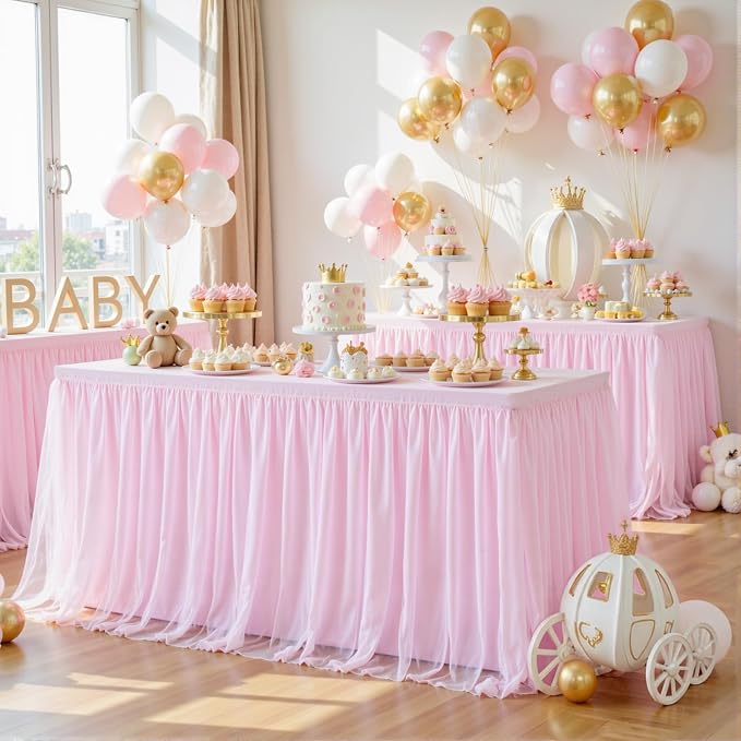 Baby Pink Table Cloth Spandex Table Covers 6ft Fitted Tulle Tablecloth Rectangular Desk Skirt Stretch Light Pink Table Cloths Covers Party Banquet Birthday Baby Shower Wedding Table Cloth, 2 Pack
