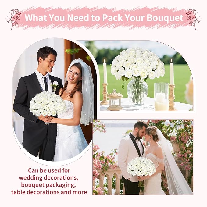 50 PCS White Roses Artificial Flowers, Fake White Roses Bouquet,White Artificial Silk Roses with Stems for DIY Wedding Flowers Decoration, Valentines Day, Home Decor, Bridal Bouquet Roses